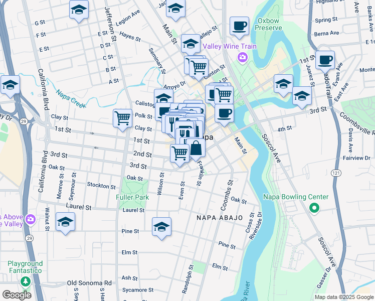 map of restaurants, bars, coffee shops, grocery stores, and more near in Napa