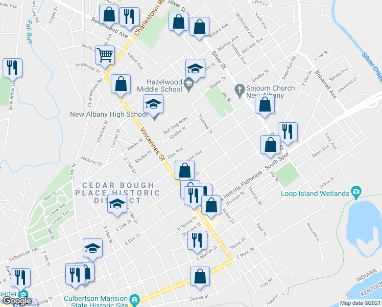 map of restaurants, bars, coffee shops, grocery stores, and more near 1808 Culbertson Avenue in New Albany