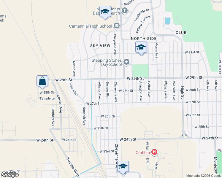 map of restaurants, bars, coffee shops, grocery stores, and more near 2315 West 28th Street in Pueblo