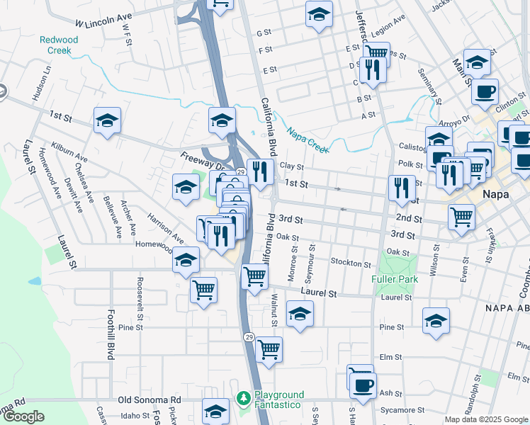 map of restaurants, bars, coffee shops, grocery stores, and more near 2423 3rd Street in Napa