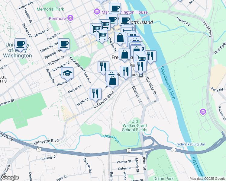map of restaurants, bars, coffee shops, grocery stores, and more near 509a Lafayette Boulevard in Fredericksburg