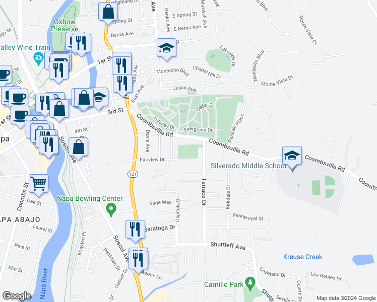 map of restaurants, bars, coffee shops, grocery stores, and more near 400 Aguirre Way in Napa