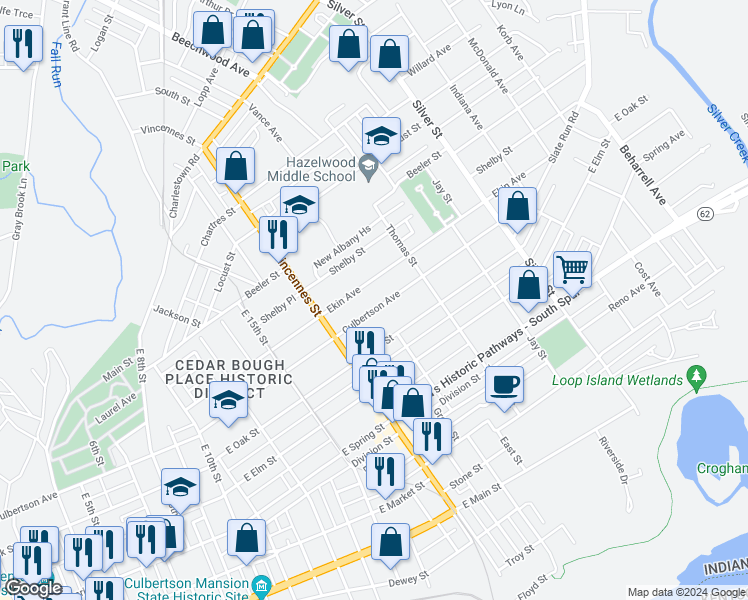 map of restaurants, bars, coffee shops, grocery stores, and more near 1808 Culbertson Avenue in New Albany