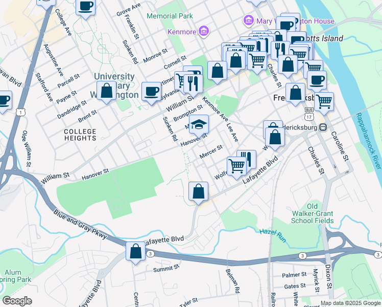 map of restaurants, bars, coffee shops, grocery stores, and more near 718 Freeman Street in Fredericksburg