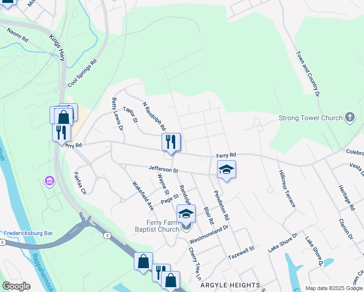 map of restaurants, bars, coffee shops, grocery stores, and more near 4 Lord Fairfax Drive in Fredericksburg