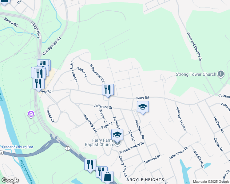 map of restaurants, bars, coffee shops, grocery stores, and more near 4 Lord Fairfax Drive in Fredericksburg