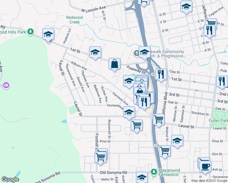 map of restaurants, bars, coffee shops, grocery stores, and more near 2735 Kilburn Avenue in Napa