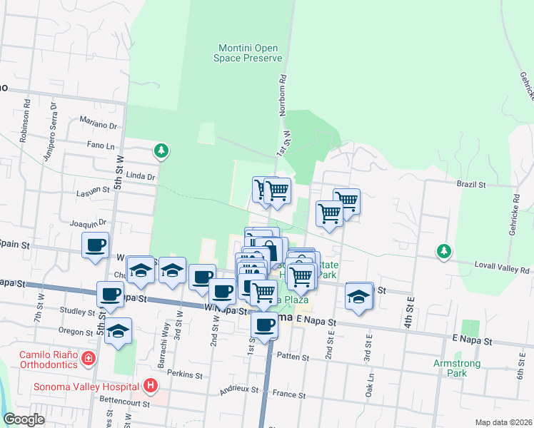 map of restaurants, bars, coffee shops, grocery stores, and more near 241 1st Street West in Sonoma