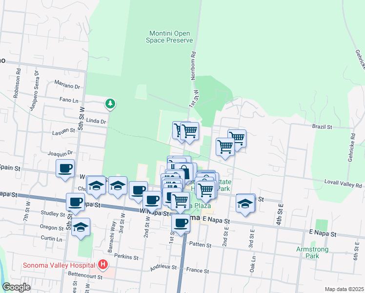 map of restaurants, bars, coffee shops, grocery stores, and more near 241 1st Street West in Sonoma