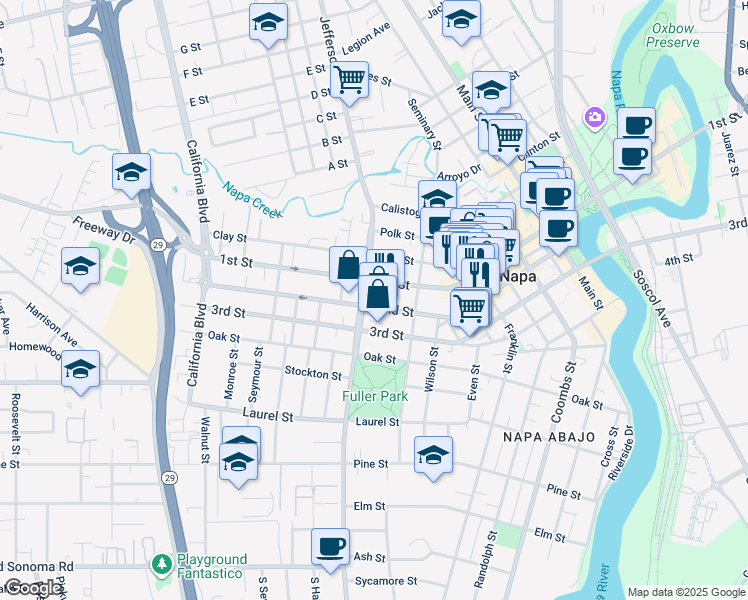 map of restaurants, bars, coffee shops, grocery stores, and more near 849 Jefferson Street in Napa
