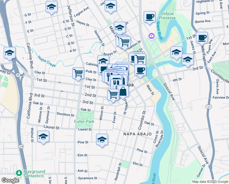 map of restaurants, bars, coffee shops, grocery stores, and more near 1428 2nd Street in Napa