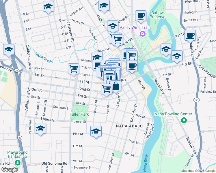 map of restaurants, bars, coffee shops, grocery stores, and more near 1428 2nd Street in Napa