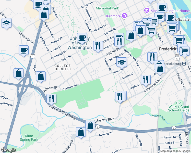 map of restaurants, bars, coffee shops, grocery stores, and more near 1127 Hanover Street in Fredericksburg