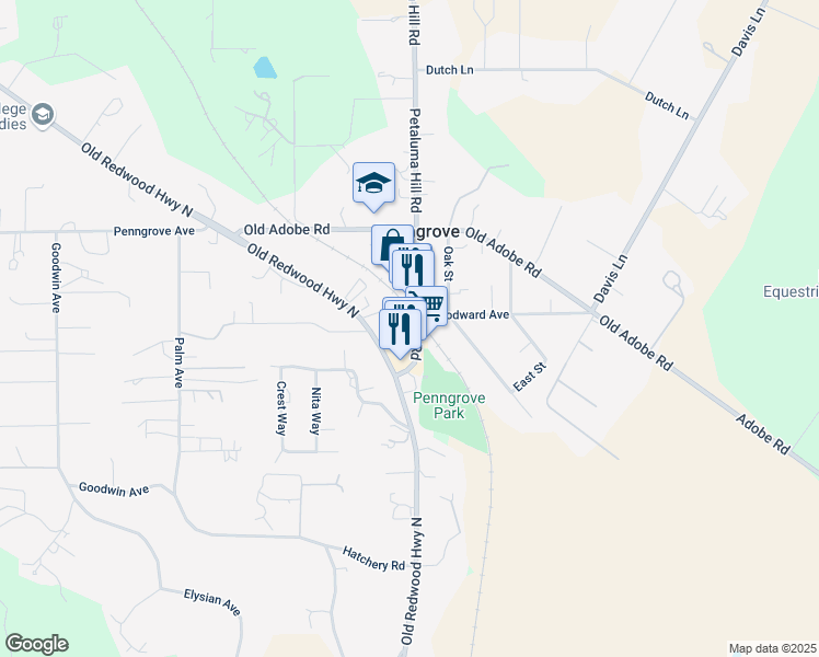 map of restaurants, bars, coffee shops, grocery stores, and more near 11201 Main Street in Penngrove