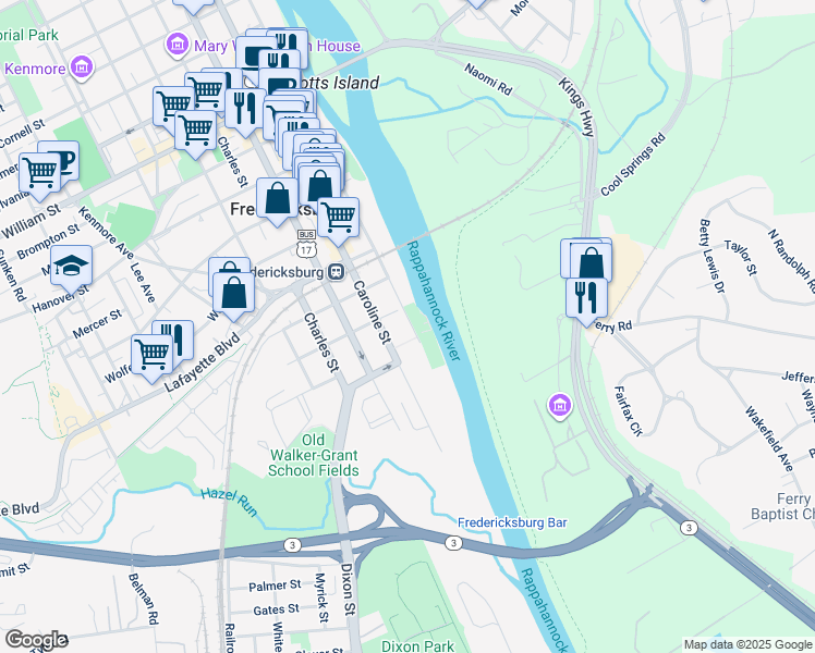 map of restaurants, bars, coffee shops, grocery stores, and more near 210 Sophia Street in Fredericksburg