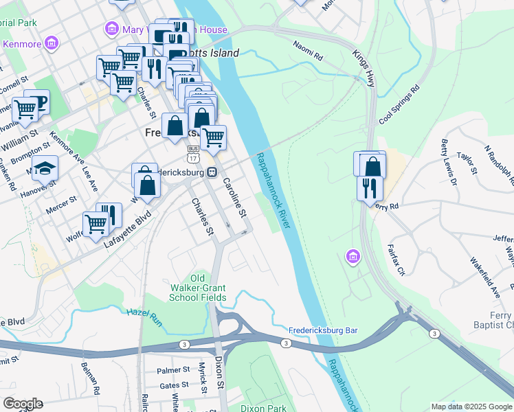 map of restaurants, bars, coffee shops, grocery stores, and more near 210 Sophia Street in Fredericksburg