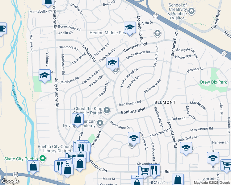 map of restaurants, bars, coffee shops, grocery stores, and more near 1725 Bonny Brae Lane in Pueblo