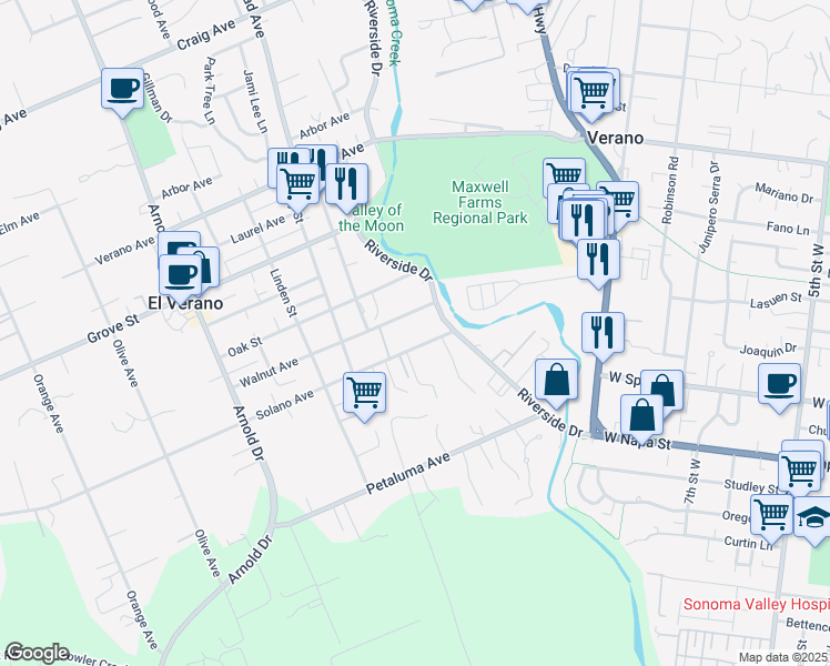 map of restaurants, bars, coffee shops, grocery stores, and more near 395 Solano Avenue in Sonoma