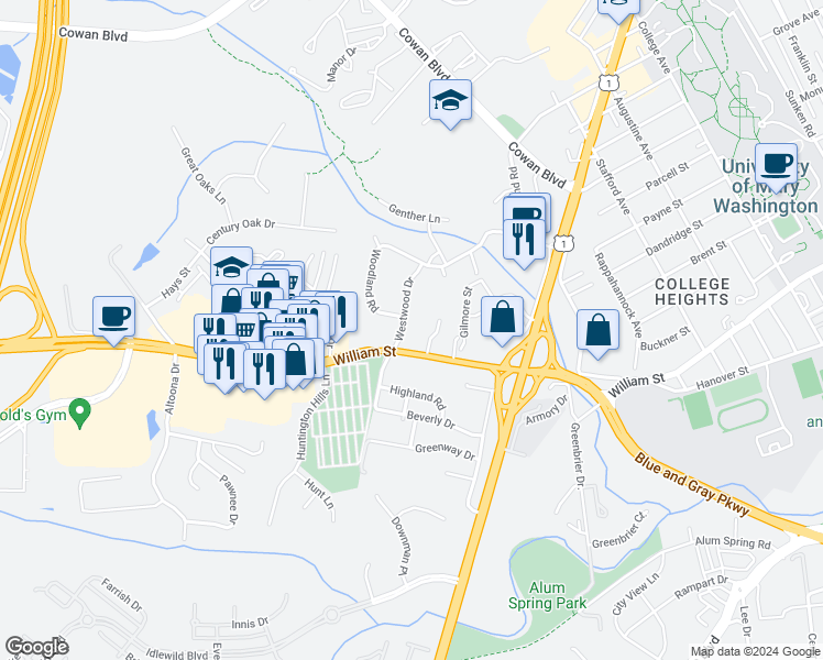 map of restaurants, bars, coffee shops, grocery stores, and more near 1715 William Street in Fredericksburg