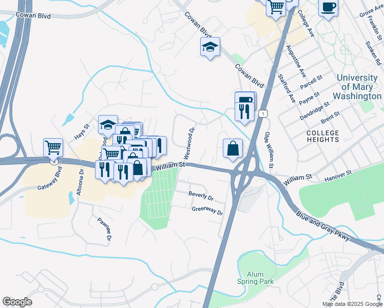 map of restaurants, bars, coffee shops, grocery stores, and more near 1715 William Street in Fredericksburg
