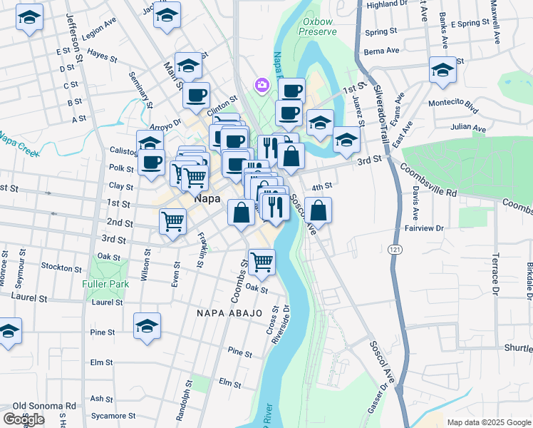 map of restaurants, bars, coffee shops, grocery stores, and more near 588 Main Street in Napa