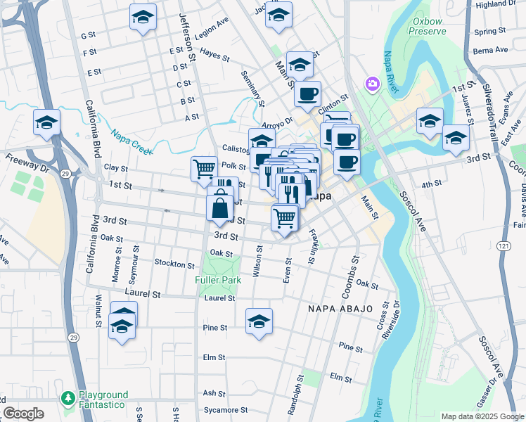 map of restaurants, bars, coffee shops, grocery stores, and more near 1539 1st Street in Napa