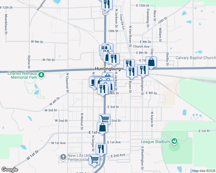map of restaurants, bars, coffee shops, grocery stores, and more near 405 North Main Street in Huntingburg