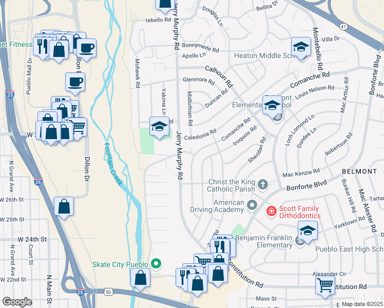 map of restaurants, bars, coffee shops, grocery stores, and more near 15 Chinook Lane in Pueblo
