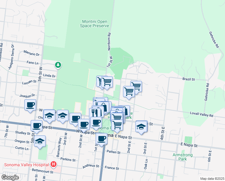 map of restaurants, bars, coffee shops, grocery stores, and more near 284 1st Street West in Sonoma