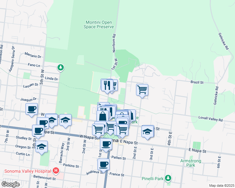 map of restaurants, bars, coffee shops, grocery stores, and more near 284 1st Street West in Sonoma