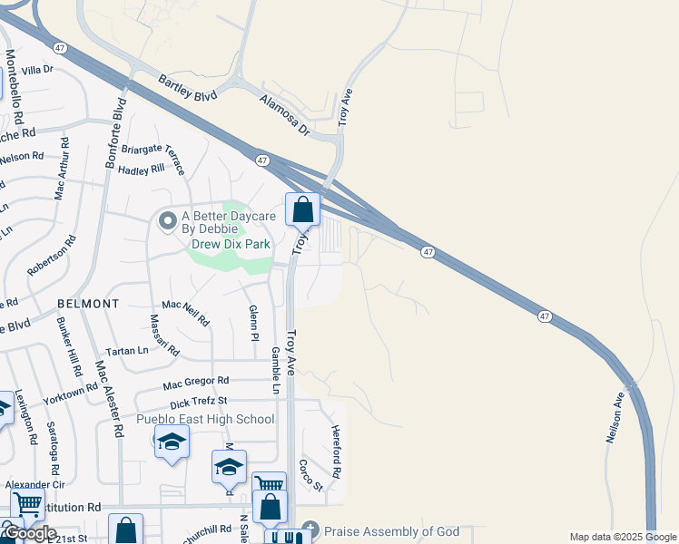 map of restaurants, bars, coffee shops, grocery stores, and more near 2700 Troy Avenue in Pueblo