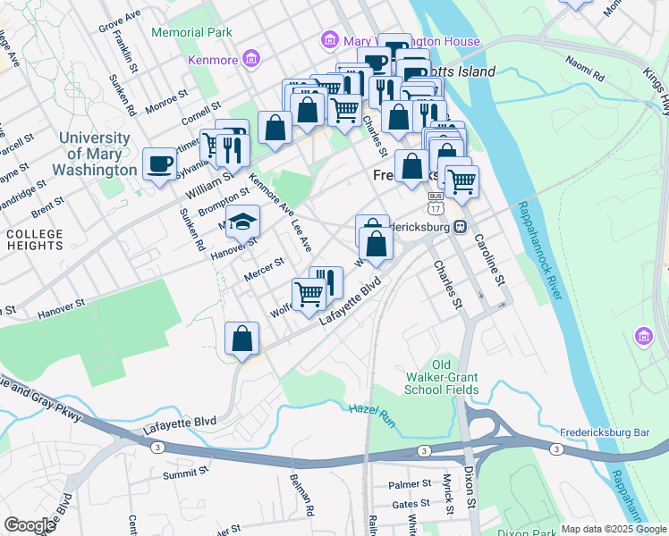 map of restaurants, bars, coffee shops, grocery stores, and more near 621 Wolfe Street in Fredericksburg