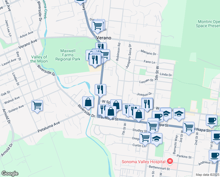 map of restaurants, bars, coffee shops, grocery stores, and more near 19329 Robinson Road in Sonoma
