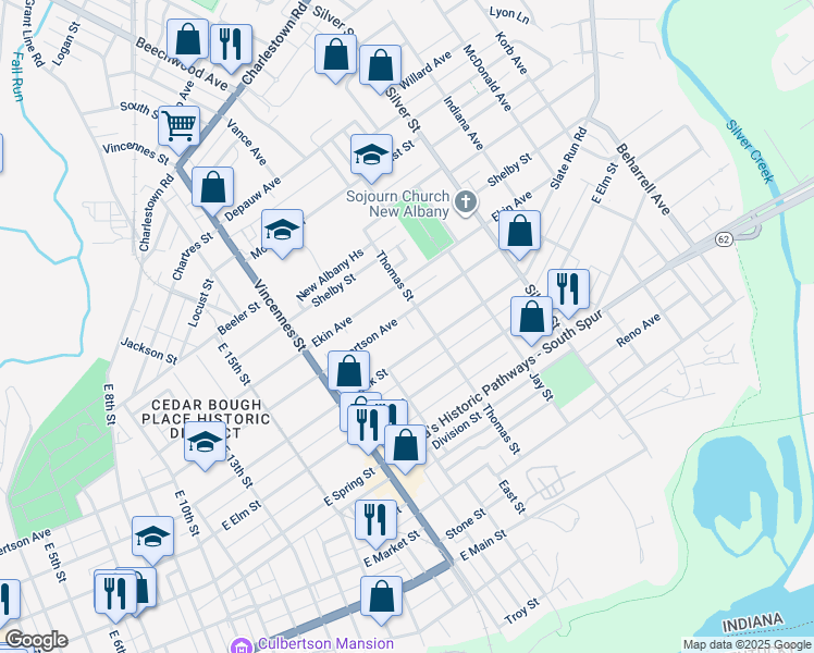 map of restaurants, bars, coffee shops, grocery stores, and more near 1835 East Oak Street in New Albany
