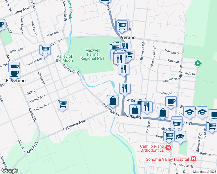 map of restaurants, bars, coffee shops, grocery stores, and more near 112 La Mancha Drive in Sonoma