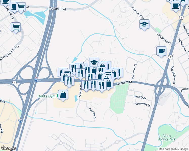 map of restaurants, bars, coffee shops, grocery stores, and more near 505 Westwood Office Park in Fredericksburg