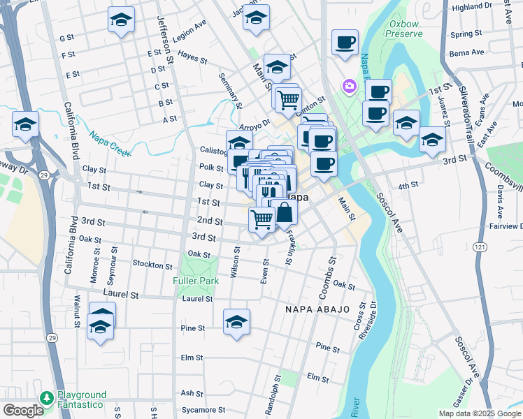 map of restaurants, bars, coffee shops, grocery stores, and more near in Napa