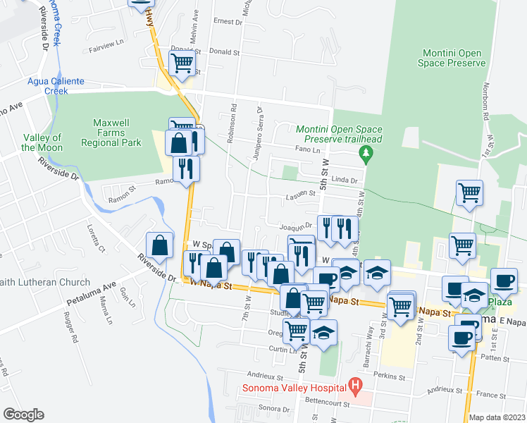 map of restaurants, bars, coffee shops, grocery stores, and more near 566 Joaquin Drive in Sonoma
