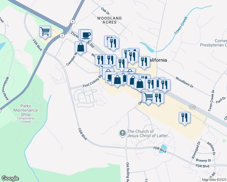 map of restaurants, bars, coffee shops, grocery stores, and more near 45155 First Colony Way in California