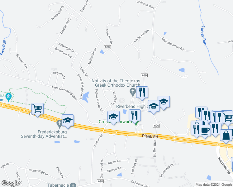 map of restaurants, bars, coffee shops, grocery stores, and more near 12313 McClain Street in Fredericksburg