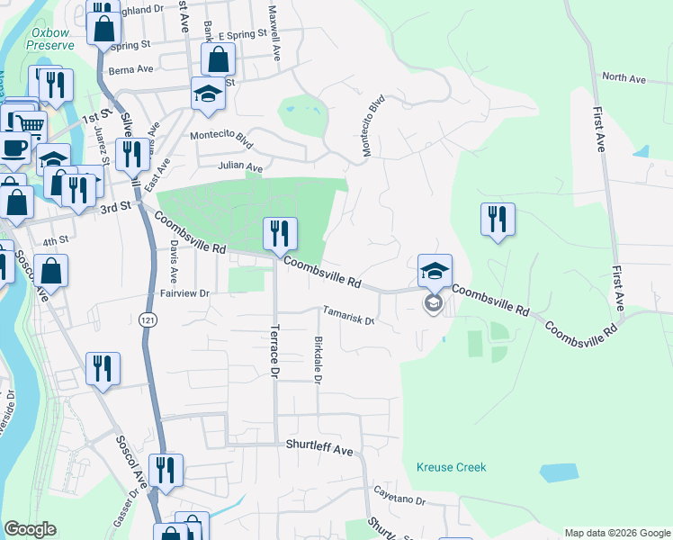 map of restaurants, bars, coffee shops, grocery stores, and more near 1069 Coombsville Road in Napa