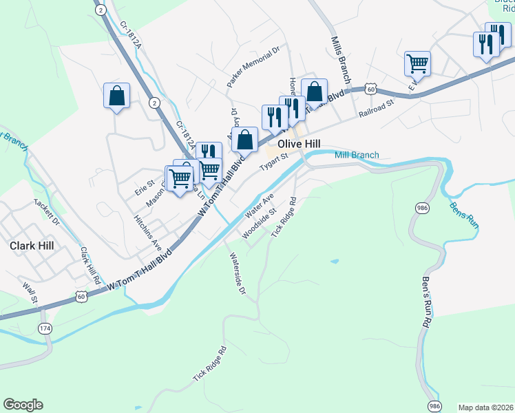 map of restaurants, bars, coffee shops, grocery stores, and more near Water Avenue in Olive Hill