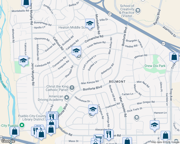 map of restaurants, bars, coffee shops, grocery stores, and more near 7 Macarthur Road in Pueblo