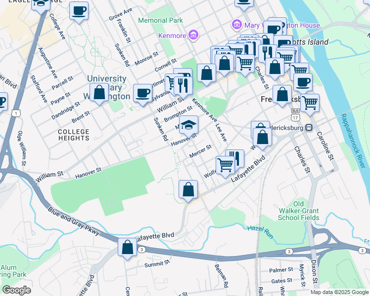 map of restaurants, bars, coffee shops, grocery stores, and more near 729 Freeman Street in Fredericksburg