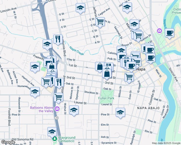 map of restaurants, bars, coffee shops, grocery stores, and more near 2107 2nd Street in Napa
