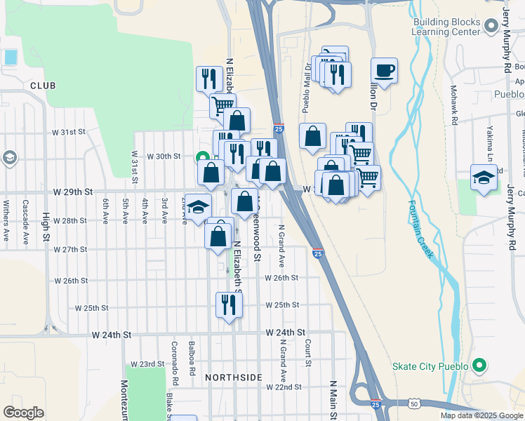map of restaurants, bars, coffee shops, grocery stores, and more near 414 West 28th Street in Pueblo