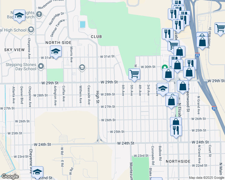 map of restaurants, bars, coffee shops, grocery stores, and more near 1326 West 28th Street in Pueblo