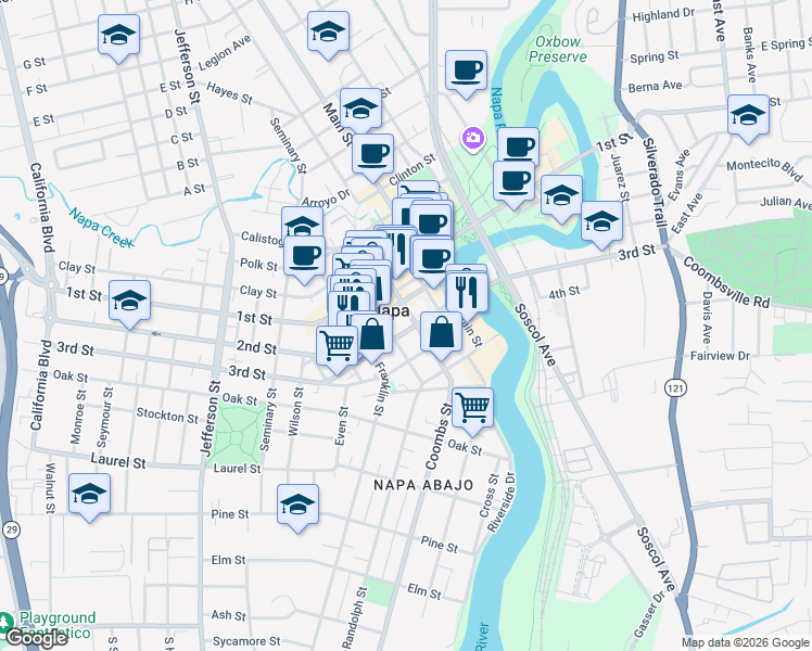 map of restaurants, bars, coffee shops, grocery stores, and more near 725 Coombs Street in Napa