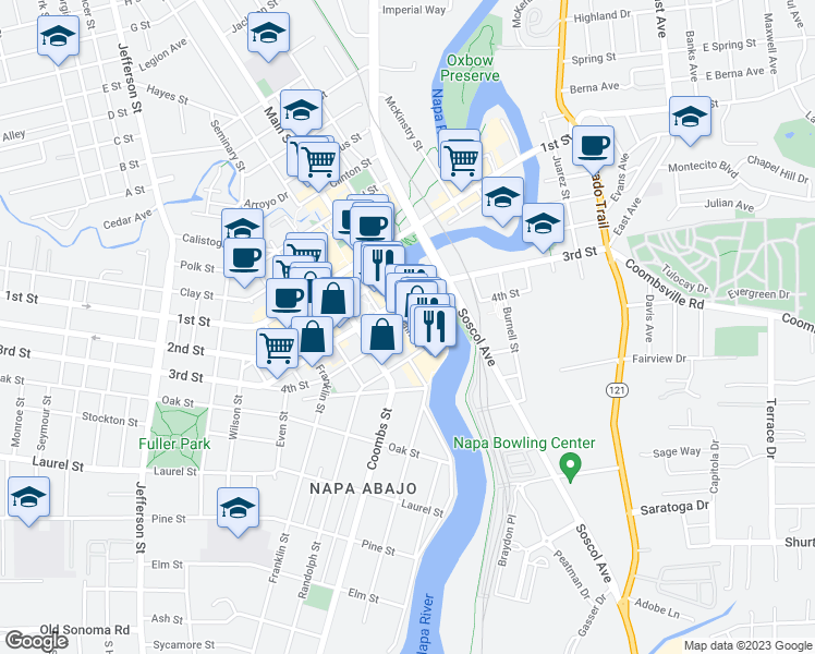 map of restaurants, bars, coffee shops, grocery stores, and more near 601 Main Street in Napa