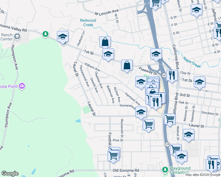 map of restaurants, bars, coffee shops, grocery stores, and more near 45 Bellevue Avenue in Napa